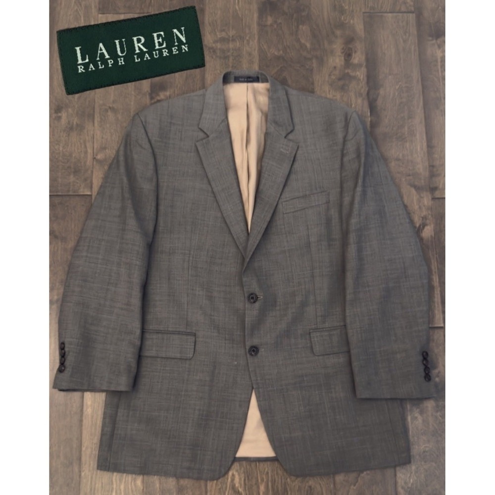 Ralph Lauren Mens Blazer Suit Jacket Size 44L Brown Grey Glen Plaid 100% Wool